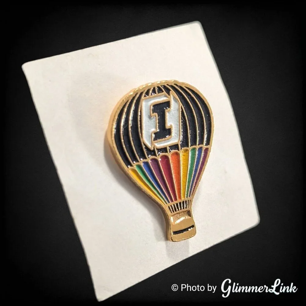 Vintage Hot Air Balloon Enamel Lapel Pin Rainbow Stripes “I” Initial Pin